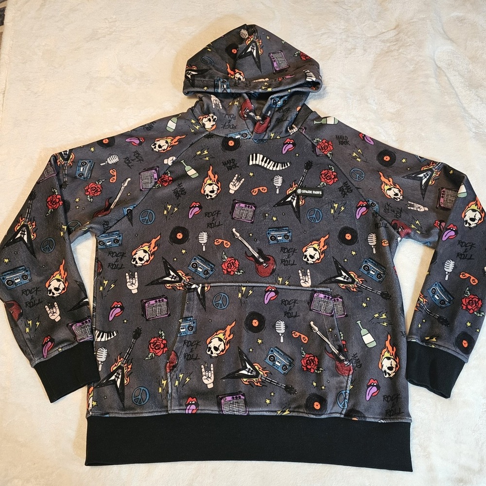 Spark Paws Rock & Roll Design Gray Hoodie Unisex Size XLarge (49in Chest)
